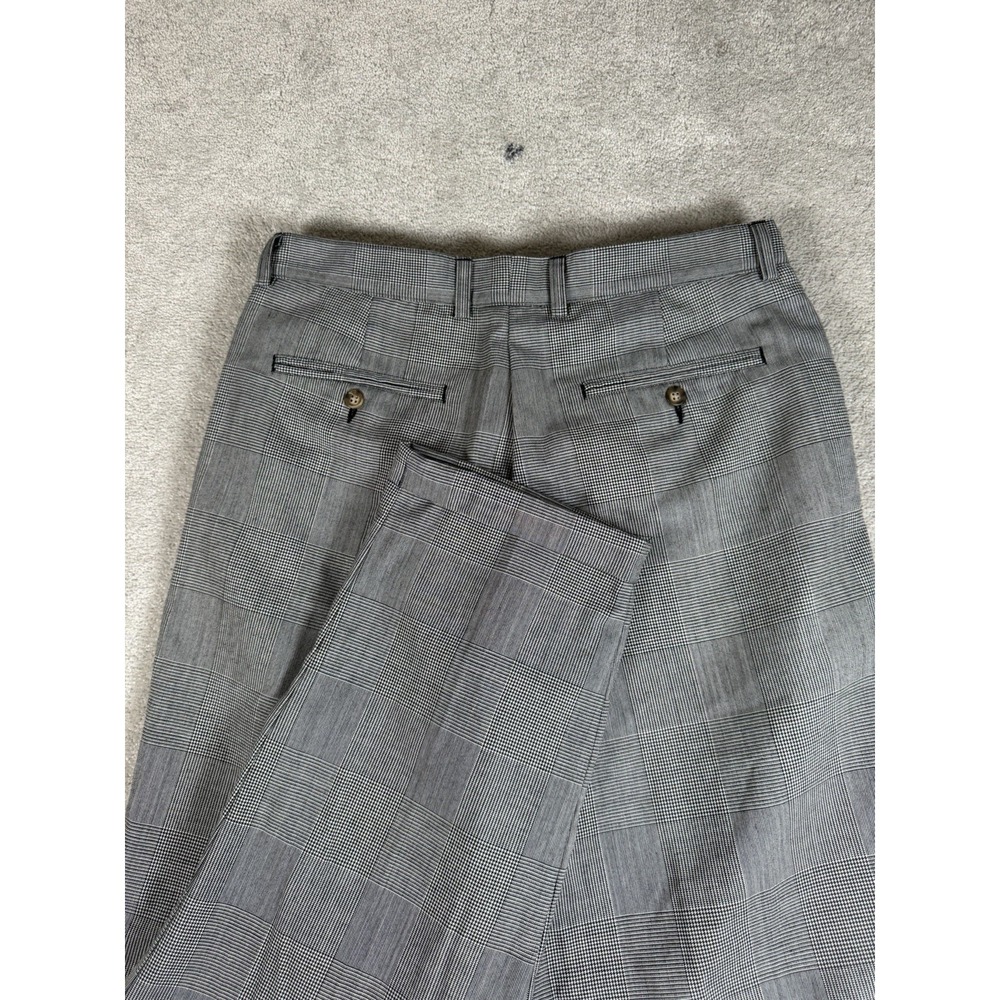 Vtg Izod Wool Blend‎ Trousers Houndstooth Plaid Blocks 36x32 Gray Pleated Cuffed